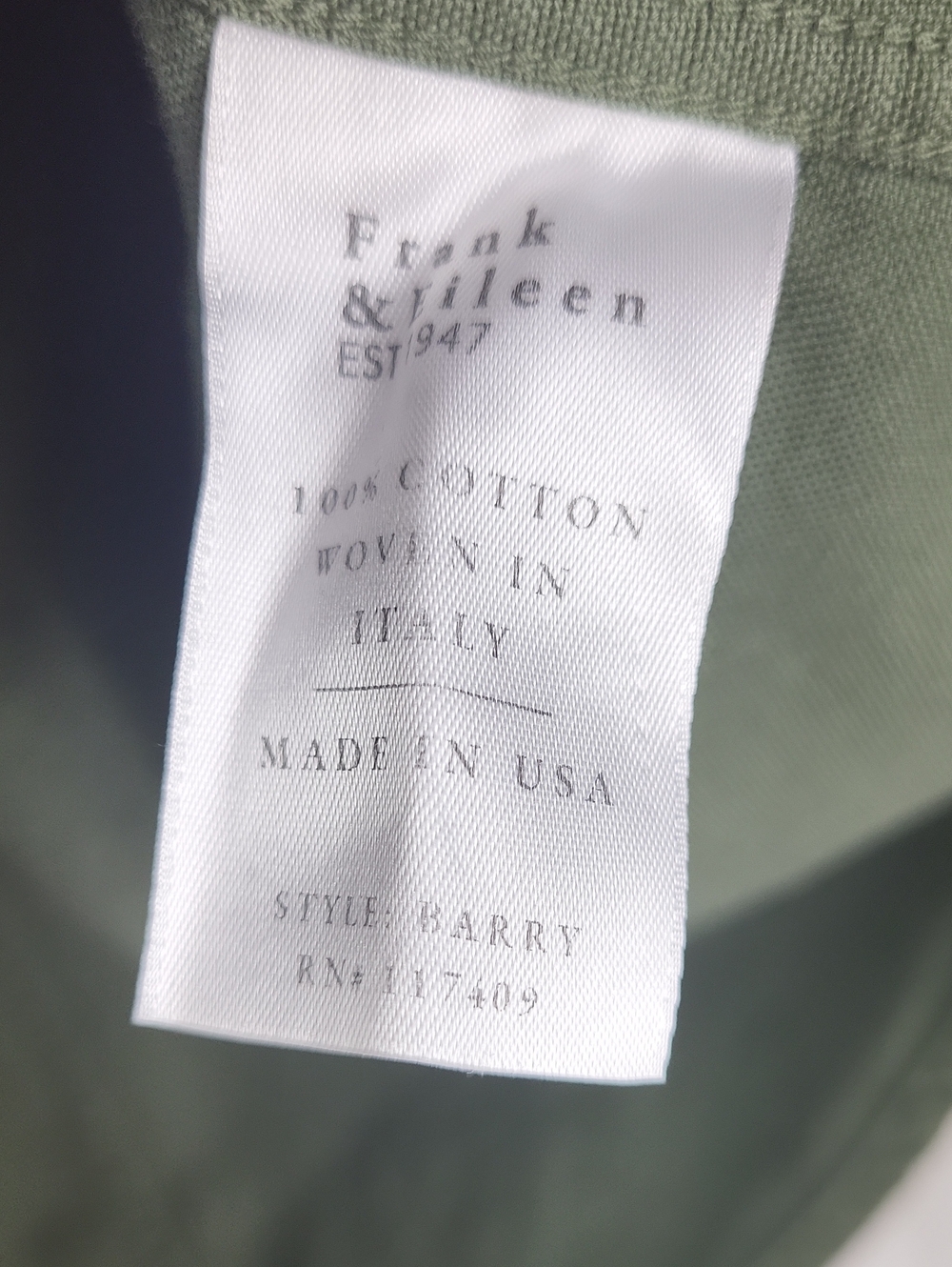 Frank & Eileen Barry Olive Green Cotton Button Up Shirt. Size L - Picture 5 of 7